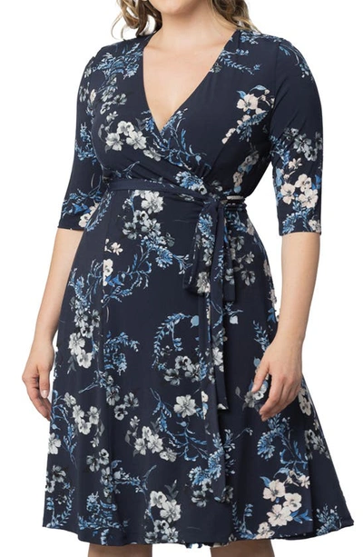 Kiyonna Signature A-line Wrap Dress In French Blue Garden