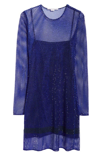 Stella Mccartney Hotfix Long Sleeve Crystal Mesh Dress In Bright Blue