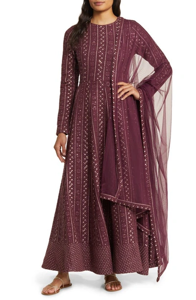 Shop Sani Samud Embroidered Long Sleeve Anarkali With Dupatta In Tawny Port