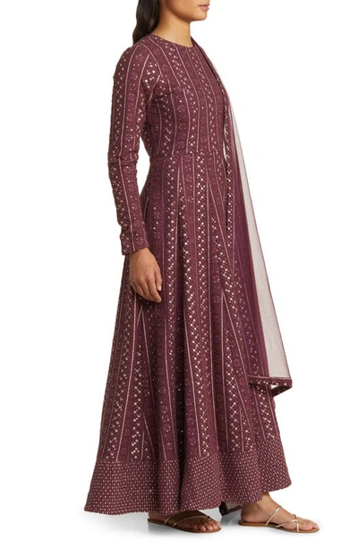 Shop Sani Samud Embroidered Long Sleeve Anarkali With Dupatta In Tawny Port