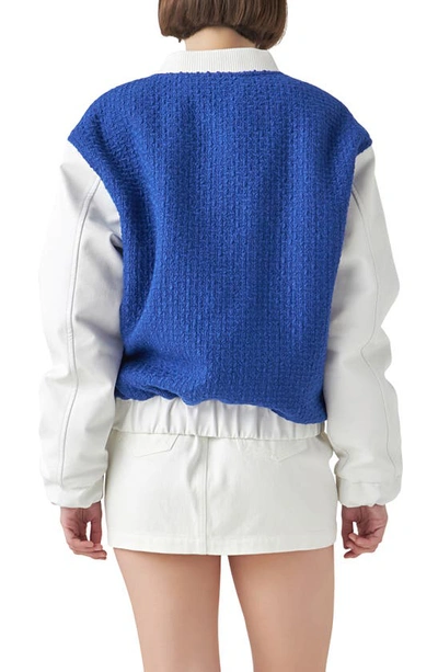 Shop English Factory Tweed & Faux Leather Bomber Jacket In Blue/ White