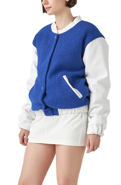English Factory Women's Tweed Pu Bomber Jacket In Blue/ White