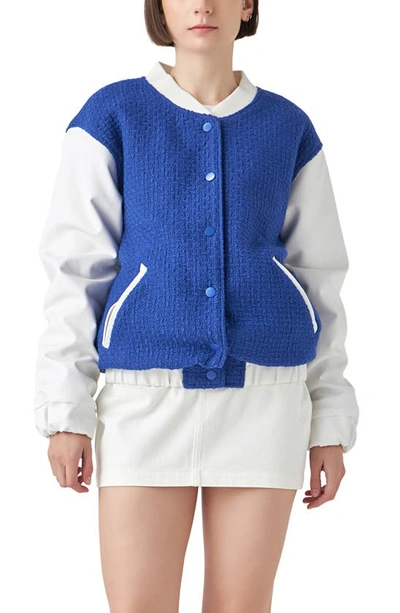 English Factory Women's Tweed Pu Bomber Jacket In Blue/ White