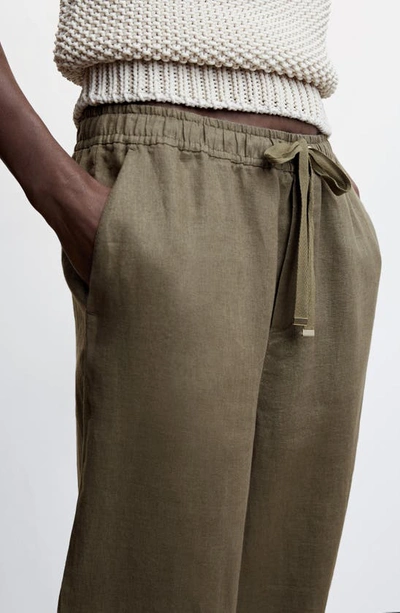 Shop Mango Drawstring Linen Pants In Khaki