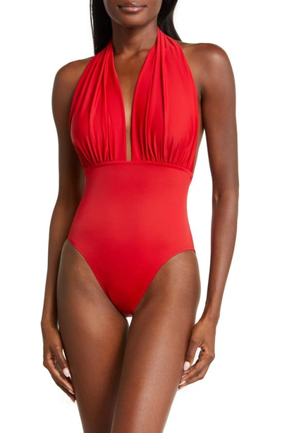 Shop Norma Kamali Halter Low Back One-piece Swimsuit In Tiger Red