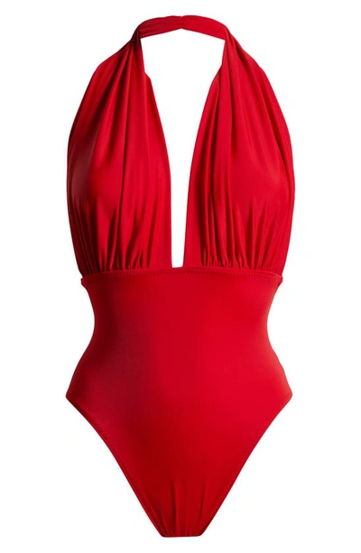Shop Norma Kamali Halter Low Back One-piece Swimsuit In Tiger Red