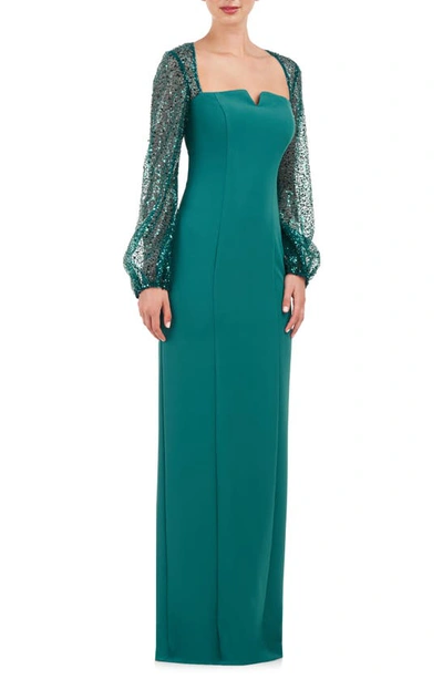 Shop Js Collections Kim Sequin Long Sleeve Column Gown In Teal