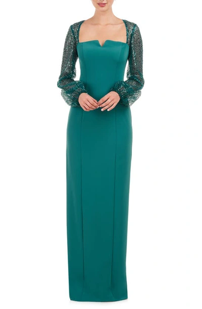 Shop Js Collections Kim Sequin Long Sleeve Column Gown In Teal