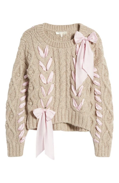 Shop Loveshackfancy Parson Bow Cable Stitch Sweater In Oat
