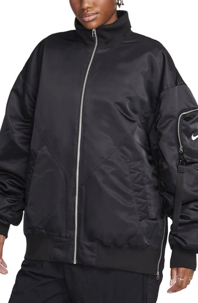Shop Nike Sportswear Essential Oversize Therma-fit Bomber Jacket In Black/ White