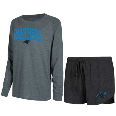 Shop Concepts Sport Black/charcoal Carolina Panthers Raglan Long Sleeve T-shirt & Shorts Lounge Set