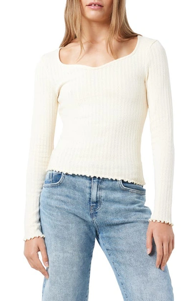 Shop Noisy May Anna Sweetheart Neck Long Sleeve Pointelle Top In Pearled Ivory