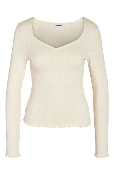 Shop Noisy May Anna Sweetheart Neck Long Sleeve Pointelle Top In Pearled Ivory
