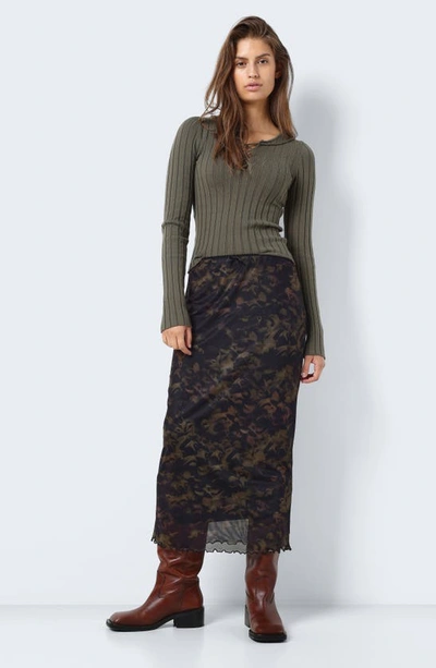 Shop Noisy May Lucia Printed Mesh Maxi Skirt In Black Aop Frost Blom