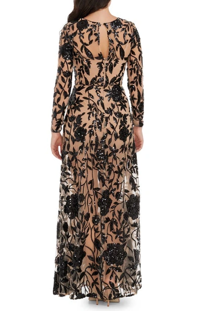 Dress The Population Ava Sequin Floral Embroidered Long Sleeve Gown In Black- Beige