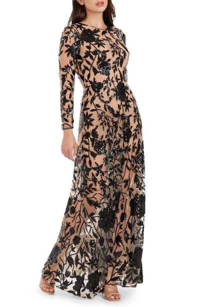 Dress The Population Ava Sequin Floral Embroidered Long Sleeve Gown In Black- Beige