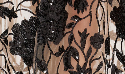 Dress The Population Ava Sequin Floral Embroidered Long Sleeve Gown In Black- Beige