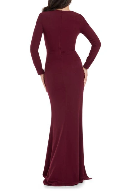 Shop Dress The Population Amber Long Sleeve Illusion Mesh Gown In Burgundy