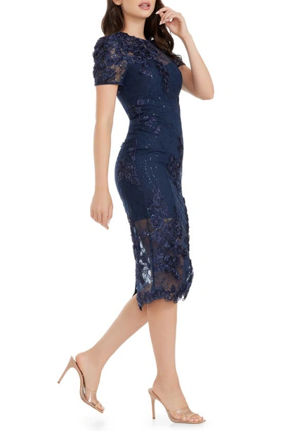 Dress The Population Lia Sequin & Flower Appliqué Sheath Dress In Navy