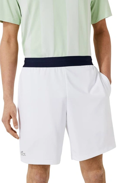 Shop Lacoste Ultra-dry Jacquard Shorts In B0x White/ Navy Blue-