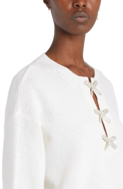 Shop Valentino Crystal Bow Cutout Virgin Wool Sweater In Avorio/ Silver
