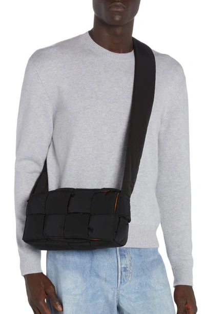 Bottega Veneta Padded Tech Cassette Messenger Bag In 1001 Black/ Papaya