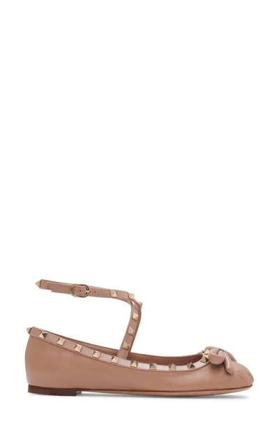 Shop Valentino Rockstud Ankle Strap Ballet Flat In Rose Cannelle