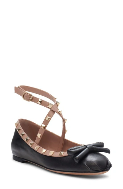 Shop Valentino Rockstud Ankle Strap Ballet Flat In Nero/ Rose Cannelle