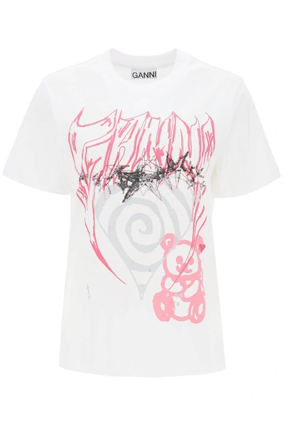 Shop Ganni T Shirt With Abstract Print In White