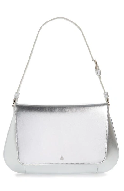 Shop Amina Muaddi Ami Leather Shoulder Bag In Metallic Silver/silver Hardwar