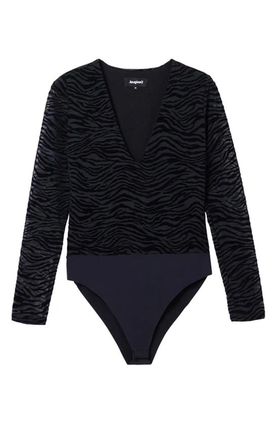 Shop Desigual Danielo Zebra Pattern Long Sleeve Bodysuit In Black