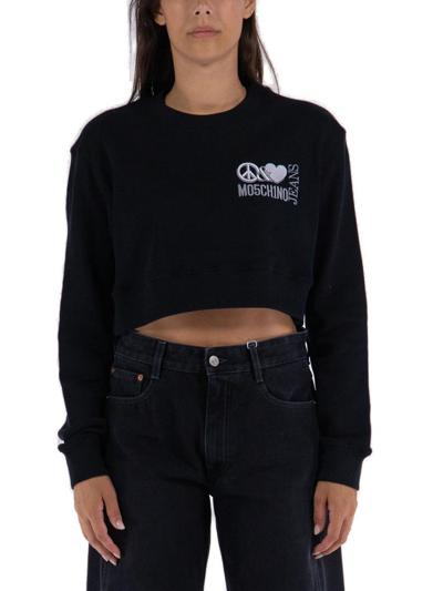 Shop Moschino Logo Printed Crewneck Cropped Sweatshirt In Black