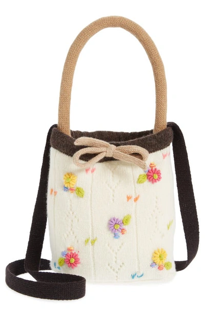 Shop Yanyan Daisy Embroidered Knit Handbag In Cream