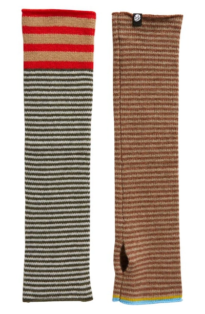 Shop Yanyan Extralong Mismatched Stripe Wool Fingerless Gloves In Poppy/ Camel