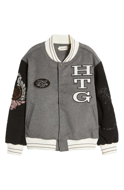 Shop Honor The Gift Letterman Faux Shearling Sleeve Varsity Bomber Jacket In Grey