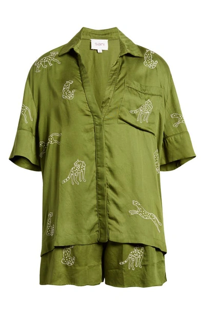 Shop Sani Animal Embroidered Sateen Pajamas In Green