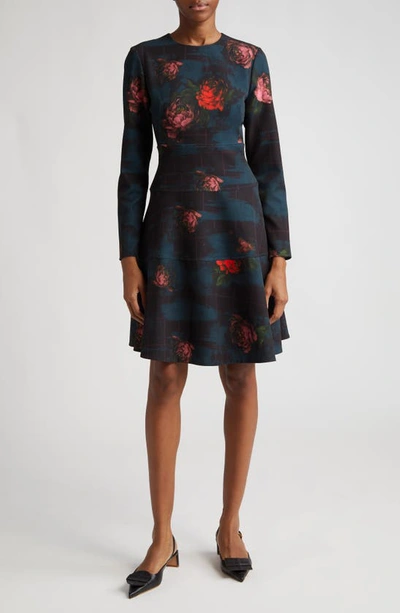 Shop Lela Rose Lily Floral Tiered Long Sleeve Fit & Flare Dress In Ocean