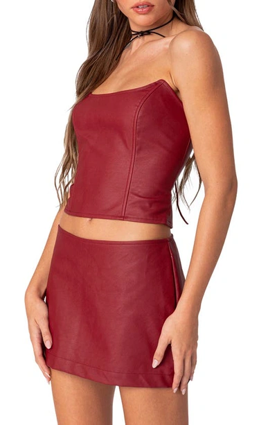 Shop Edikted Aster Lace-up Faux Leather Corset In Burgundy