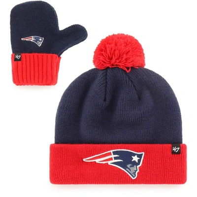 Shop 47 Infant ' Navy/red New England Patriots Bam Bam Cuffed Knit Hat With Pom And Mittens Set