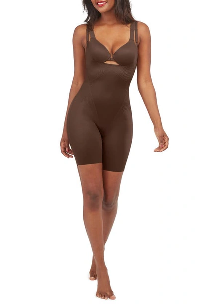 Shop Spanxr Thinstincts® 2.0 Open Bust Mid-thigh Bodysuit In Chestnut Brown