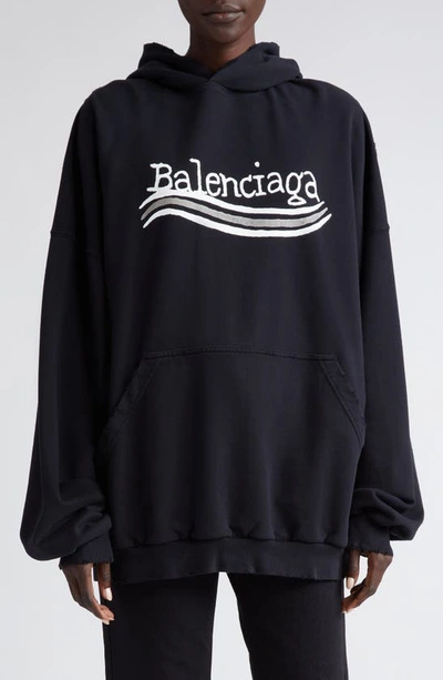 Shop Balenciaga Hand Drawn Political Logo Oversize Distressed Cotton Graphic Hoodie In Black/ Silver/ White