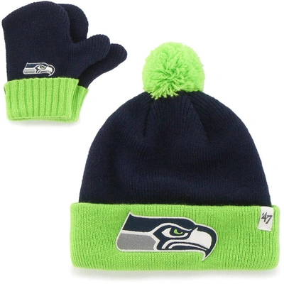 Shop 47 Infant ' College Navy/neon Green Seattle Seahawks Bam Bam Cuffed Knit Hat With Pom And Mittens Set