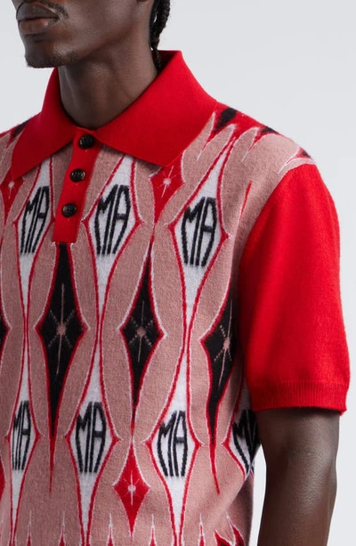 Shop Amiri Logo Jacquard Argyle Merino Wool Polo Sweater In Red