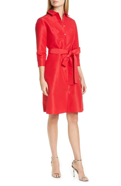 Carolina Herrera Long Sleeve Shirt Dress With Belt In Icon Red