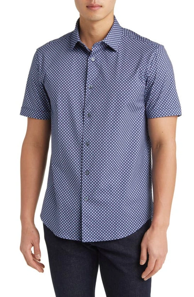 Shop Bugatchi Miles Ooohcotton® Dot Geo Print Short Sleeve Button-up Shirt In Navy