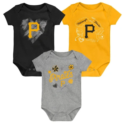 Shop Outerstuff Girls Newborn & Infant Black/gold/heathered Gray Pittsburgh Pirates 3-pack Batter Up Bodysuit Set