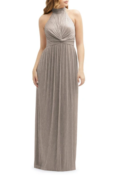 Shop After Six Metallic Pleated Halter Column Gown In Taupe Metallic