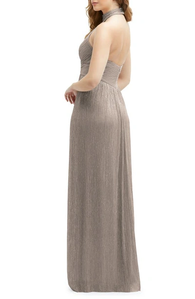 Shop After Six Metallic Pleated Halter Column Gown In Taupe Metallic