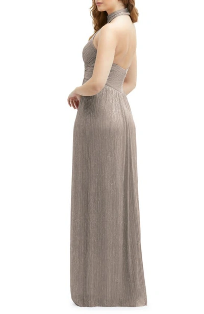 After Six Metallic Pleated Halter Column Gown In Taupe Metallic