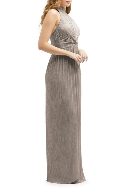After Six Metallic Pleated Halter Column Gown In Taupe Metallic
